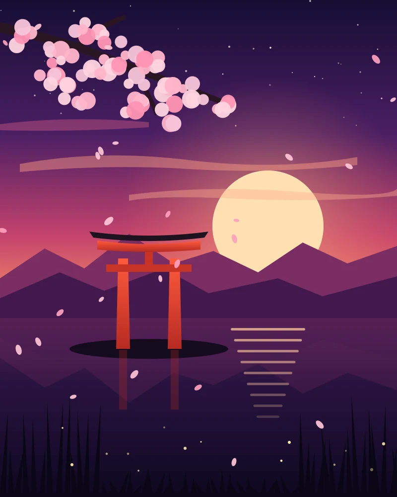 After: Torii gate at dusk, pencil sketch and finished painting