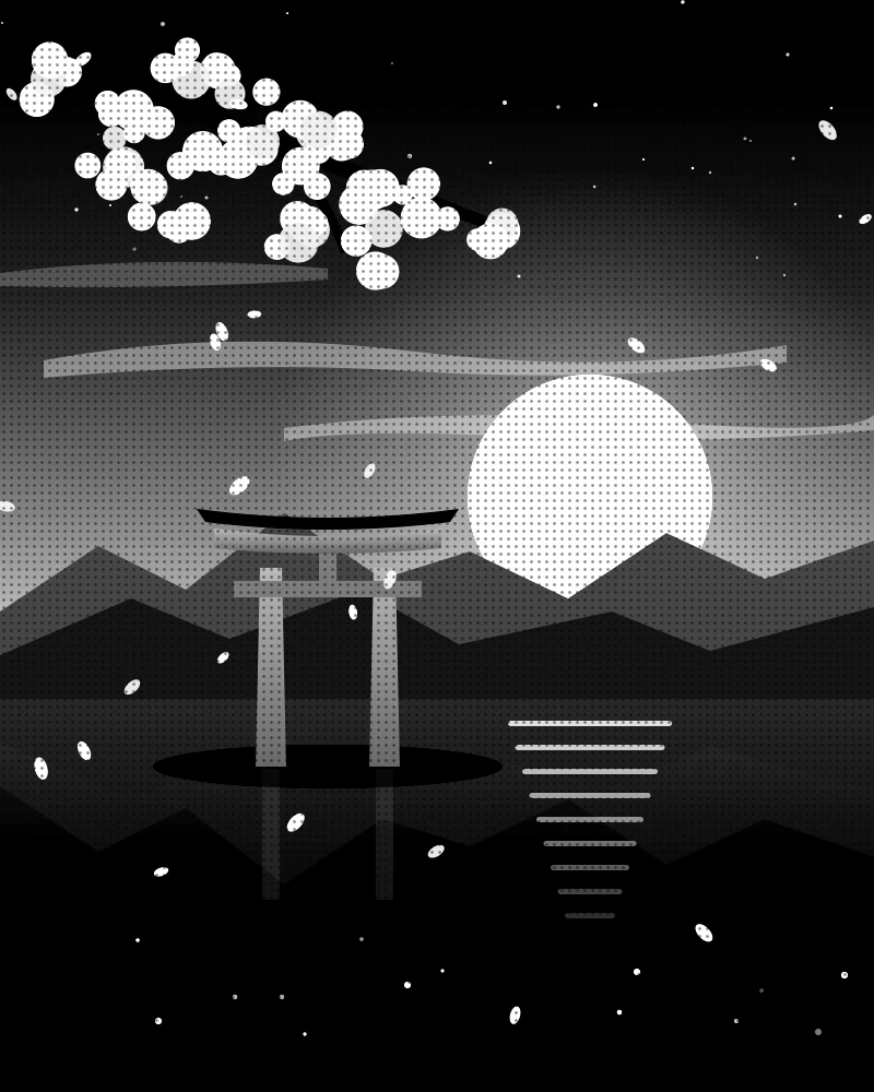 Torii at dusk in colour and as a screentone manga page