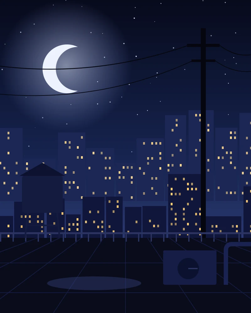City rooftop at night, black and white and coloured